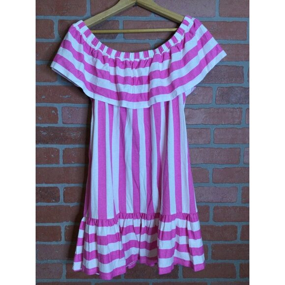 Asos Women's Stripe Ruffled Neckline Off Shoulder Mini Dress Pink White Us 12 - Picture 3 of 6